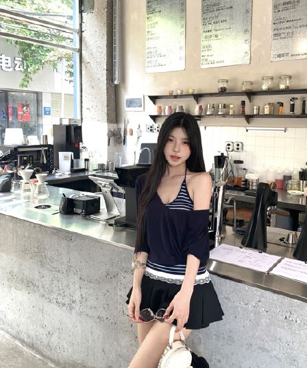 실사 정가 해군 루즈핏 V넥 블라우스 u 칼라 몸매 가꾸기 슬립 사실 두 조각 레이스 조각 반신 스커트