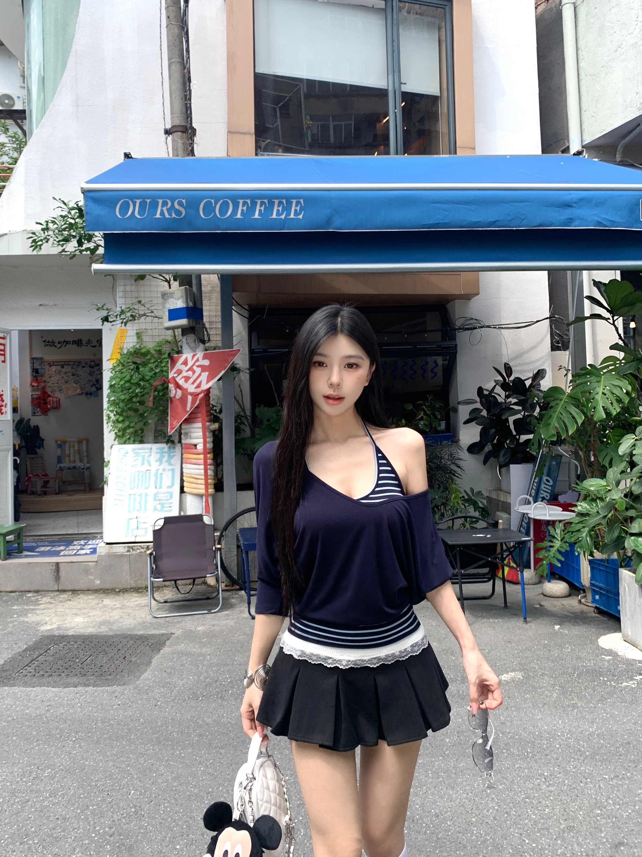 실사 정가 해군 루즈핏 V넥 블라우스 u 칼라 몸매 가꾸기 슬립 사실 두 조각 레이스 조각 반신 스커트