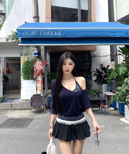 실사 정가 해군 루즈핏 V넥 블라우스 u 칼라 몸매 가꾸기 슬립 사실 두 조각 레이스 조각 반신 스커트