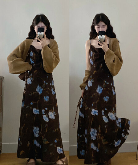 실사 빅 사이즈 여성 가을 프랑스식 낭만주의 우아함 레트로 유화 슬립 롱 스커트 부드러운 찹쌀 스웨터 숄 맨위 세트