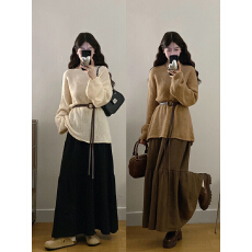 批发实拍大码女秋港风复古慵懒上衣毛衣外套遮肉显瘦针织<b class='q'>半身裙</b>两件套