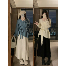 批发实拍大码<b class='q'>秋</b>冬港风气质慵懒设计感毛衣外套+简约针织半身裙两件套