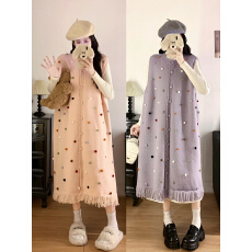 批发实拍大码秋冬<b class='q'>彩</b>色波点流苏中长款毛衣马甲外套针织连衣长裙两件套