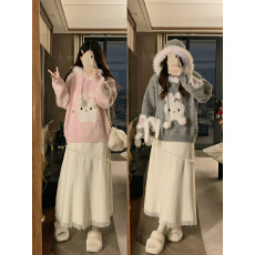 批发实拍大码女冬季毛绒连帽毛衣设计感宽松软糯上衣<b class='q'>针织</b>半身裙两件套