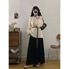 批发实拍大码春<b class='q'>秋</b>港风复古慵懒上衣毛衣外套遮肉显瘦针织半身裙套装