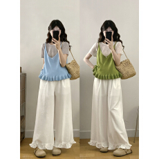 批发实拍大码女装夏温柔减龄叠穿针织吊带两件套+木耳花边阔腿裤套装