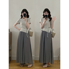 批发<b class='q'>实拍</b><b class='q'>大码</b>女夏季时尚休闲设计感小众不规则短袖+高腰阔腿裤两件套