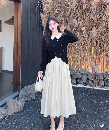 실사 빅 사이즈 여성 의류 가을 디자인 센스 허리 수축 슬림해 보이는 베이비 칼라 니트 페이크 레이어드 무거운 작업 비즈 박기 드레스