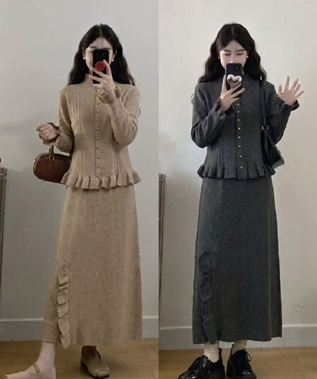 실사 빅 사이즈 여성 가을 새로운 빛 요리 한 바람 프릴 니트 스웨터 패션 레트로 반신 스커트 투피스 세트