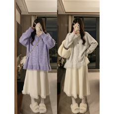批发实拍<b class='q'>大码</b>秋冬气质慵懒宽松拼接毛衣<b class='q'>外套</b>+高腰针织半身裙两件套装
