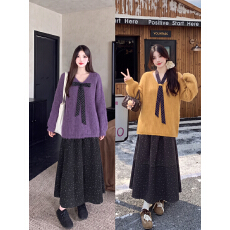 批发实拍大码女秋<b class='q'>冬</b>宽松慵懒风丝带显瘦厚实毛衣+毛呢碎花半身裙套装
