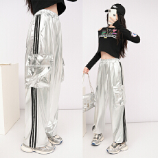 批发<b class='q'>爵士舞</b>金属亮银色长裤宽松工装运动裤街舞团队年会演出服情侣长裤