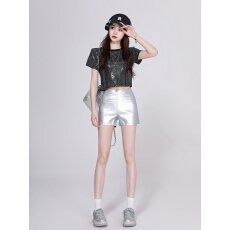 批发爵士舞夜店风亮面套装 辣妹露脐上衣银色皮短裤舞台表演打歌服