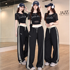 批发dance 爵士舞演出服女套装女团街舞服黑色网纱<b class='q'>短袖</b>上衣阔腿运动裤