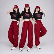 批发辣妹爵士舞蹈服套装女短袖露脐印花上衣DS高腰显瘦宽松束脚工装裤