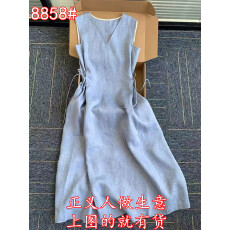 批发2026气质名媛高端女神范长<b class='q'>裙</b><b class='q'>蓝色</b>v领无袖亚麻<b class='q'>棉麻</b>背心连衣<b class='q'>裙</b>夏季