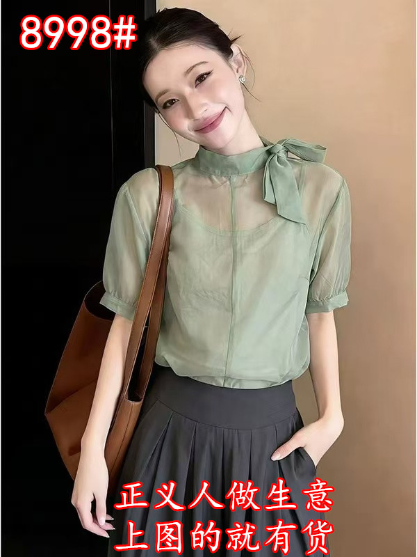 숙녀 바람 나비 매듭 레이스 업 셔츠 여성용 짧은 소매 망사 디자인 센스 고급 센스 작은 대중 맨위 우아함 섹션 스탠드 칼라