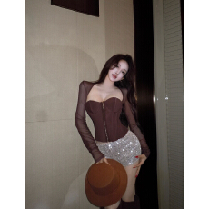 批发实价实拍复古性感鱼骨短款抹胸设计感小众<b class='q'>修身</b>网纱拼接长袖上衣