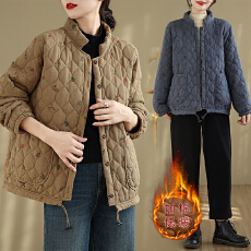 批发实拍2025新款文艺复古夹棉<b class='q'>外套</b>棉麻印花休闲百搭加厚棉服上衣女