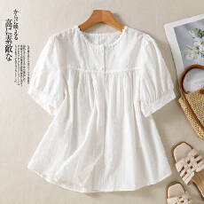 批发实拍2026文艺提花刺绣棉麻<b class='q'>韩版</b>宽松显瘦小清新上衣女短袖