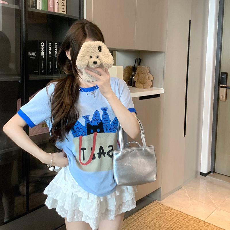 FA32538# 短袖t恤夏新款潮短款趣味印花撞色圆领上衣 服裝批發女裝批發服飾貨源