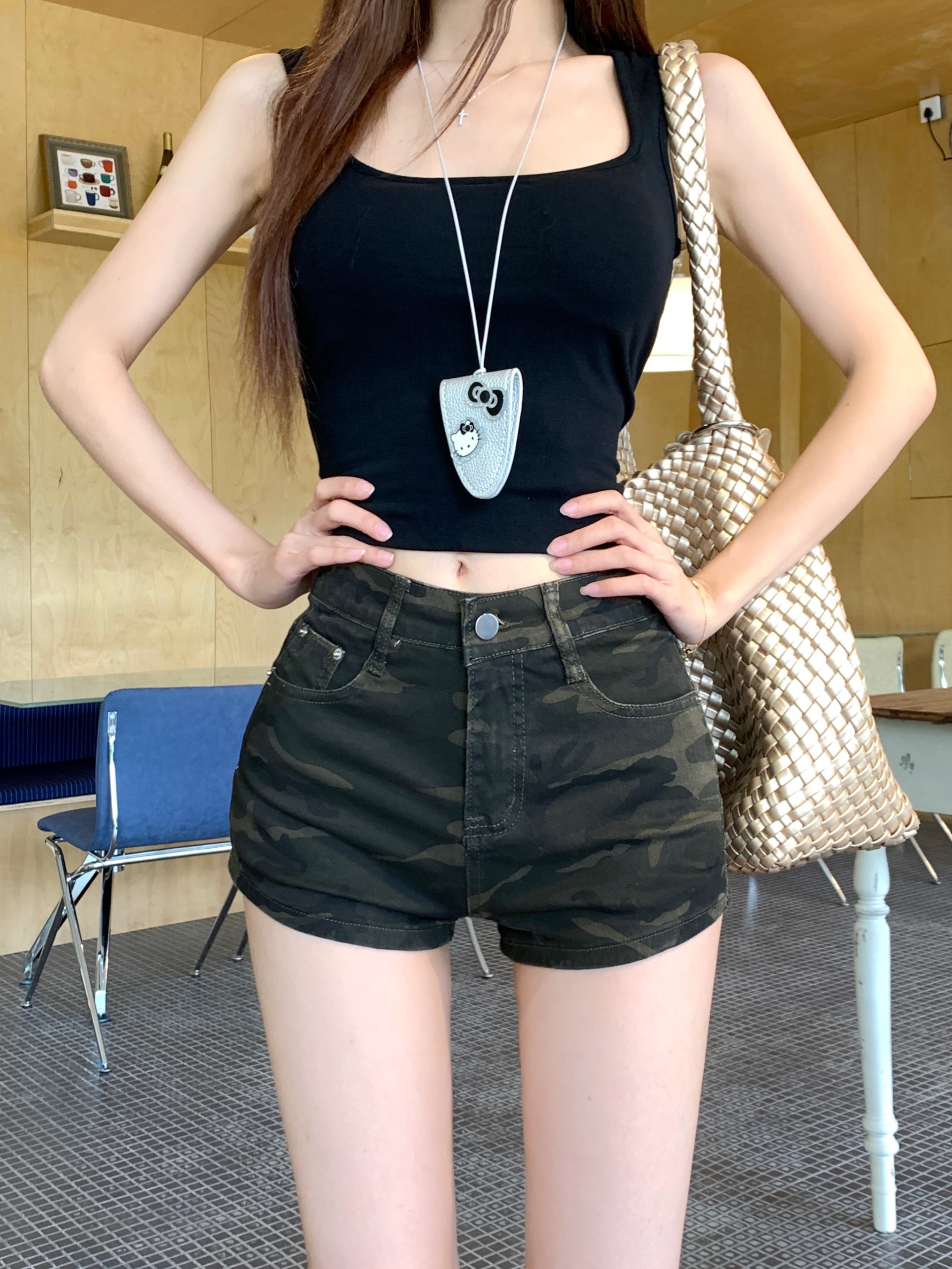 MY11052# 美式水洗迷彩牛仔短裤女辣妹修身弹力直筒百搭休闲包臀短裤女...