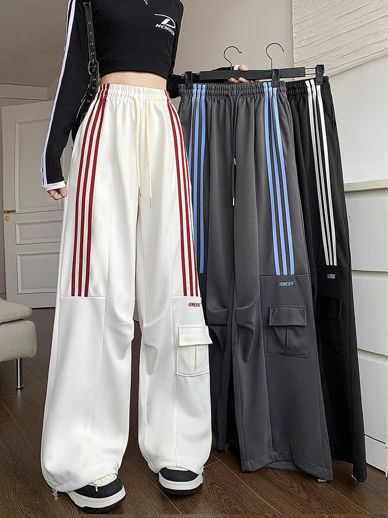 MY12992# 美式三条杠休闲运动裤男女款宽松多口袋阔腿工装裤女裝貨源服...