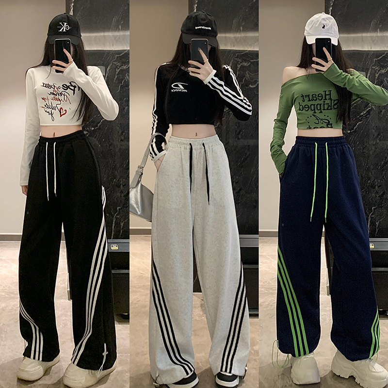 MY12988# 美式复古设计感三条杠卫裤宽松休闲阔腿裤子女裝貨源服裝批發