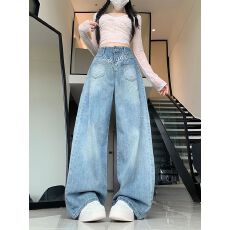 批发美式复古做旧<b class='q'>牛仔裤</b>女街头个性花朵刺绣阔腿长裤子
