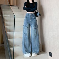 批发实拍实价~复古重工拼接阔腿<b class='q'>牛仔裤</b>女秋季新款高腰宽松工装裤长裤