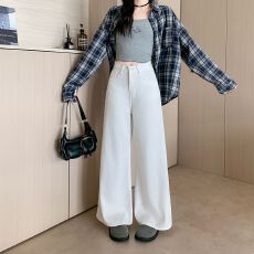 批发实拍实价~美式高腰白色宽松阔腿<b class='q'>牛仔裤</b>女秋季百搭垂感拖地<b class='q'>牛仔裤</b>