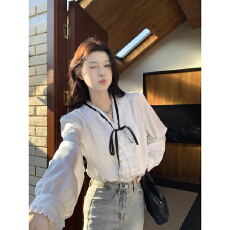 批发法式复古千金风v领系带蝴蝶结<b class='q'>衬衫</b>女装长袖内搭外穿白色甜美上衣