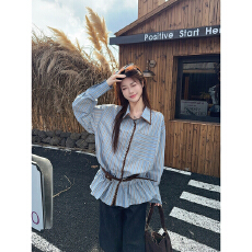 批发高级感灰蓝色条纹<b class='q'>衬衫</b>女2025秋季chic别致上衣法式设计感<b class='q'>长袖</b><b class='q'>衬衣</b>