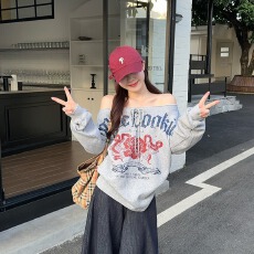 批发实拍长袖<b class='q'>t</b><b class='q'>恤</b>卫衣女薄款潮2025新款春秋印花复古绑带宽松斜领上衣