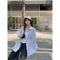 批发复古蓝条纹长袖衬衫女2025春夏新款设计感别致刺绣慵懒休闲外套