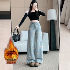 批发实拍实价~加绒加厚卡通腊肠狗刺绣阔腿牛仔裤女秋季高腰显瘦长裤