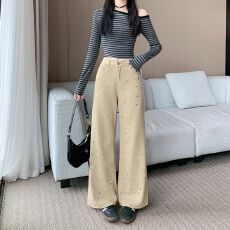 批发实拍实价~设计感水钻牛仔裤女高腰显瘦直筒裤子宽松阔腿拖地长裤