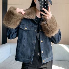 批发实拍实价~毛绒拼接复古加绒牛仔外套女冬季翻领宽松长袖保暖上衣