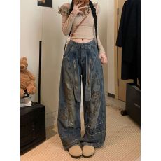 批发做旧抹脏乱绣弯刀<b class='q'>牛仔裤</b>街头宽松裤子春夏男女潮