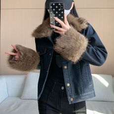 批发实拍实价~毛绒拼接复古加绒牛仔外套女冬季翻领宽松长袖保暖上衣