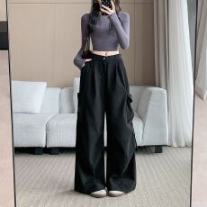 批发实拍实价~新款字母多口袋黑色工<b class='q'>装</b>裤女直筒阔腿宽松美式复古裤子