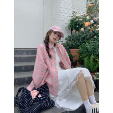 批发韩系温柔粉色格子长袖衬衫女2024春夏新款学院慵懒风格纹衬衣外套