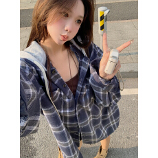 批发复古连帽格子衬衫女2025新款<b class='q'>韩版</b>宽松慵懒风小个子衬衣防晒<b class='q'>外套</b>