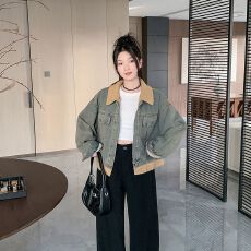 批发实拍实价~复古慵懒风撞色翻领牛仔外套女秋<b class='q'>冬</b>加绒新款小众上衣潮