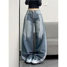 批发通勤气质ins条纹拼接牛仔裤女设计感三条杠解构弯刀阔腿牛仔裤潮