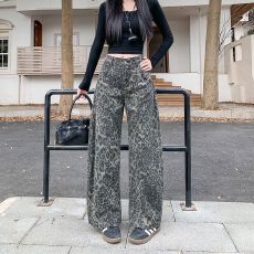 批发实拍实价~复古豹纹牛仔裤女秋冬新款宽松显瘦拖地裤休闲裤长裤子