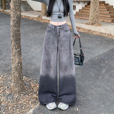 批发实拍实价~复古泼墨涂鸦牛仔裤女新款高腰宽松阔腿裤拖地休闲裤子