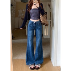 批发实拍~美式高街低腰微喇垂坠感牛仔<b class='q'>裤</b>女竹节纹<b class='q'>显瘦</b>辣妹拖地长<b class='q'>裤</b>