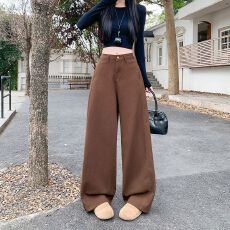 批发实拍实价~咖色阔腿<b class='q'>休闲</b><b class='q'>牛仔裤</b>女秋季新款高腰显瘦镰刀香蕉<b class='q'>牛仔裤</b>