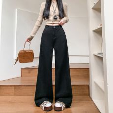 批发实拍实价~宽松高腰<b class='q'>牛仔裤</b>女秋冬百搭显瘦阔腿裤垂感直筒裤长裤子